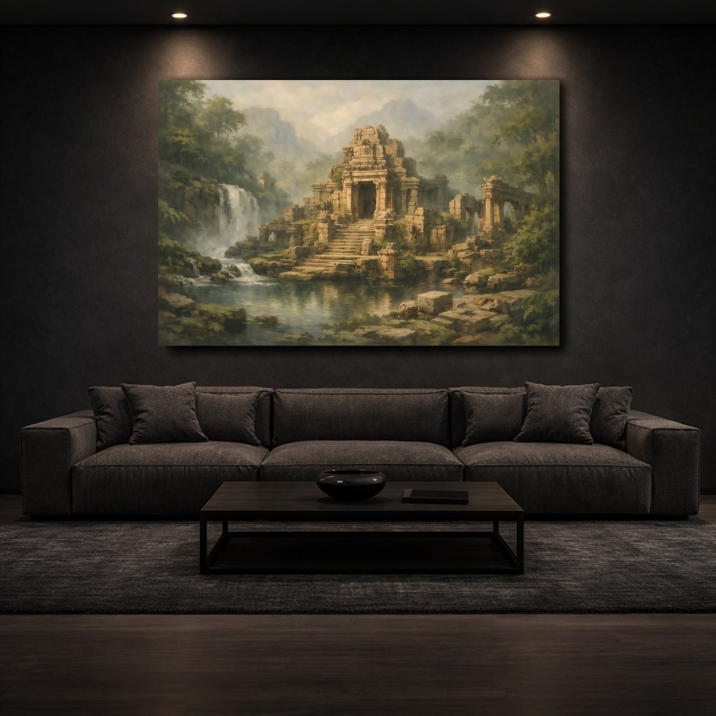 Mockup 2. Nature Temple Ruins Green Brown Ruins shown as stretched canvas wall art