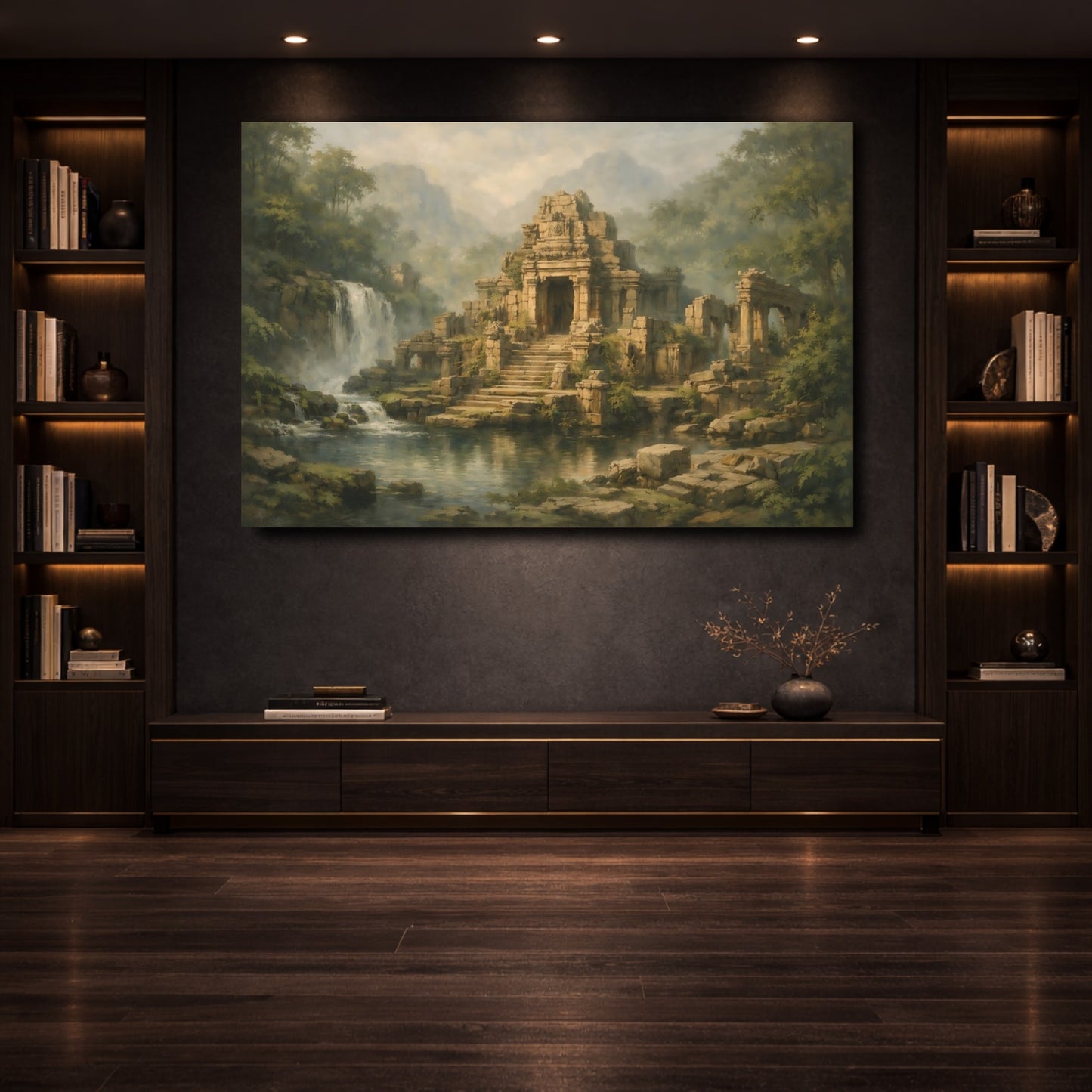 Mockup 3. Nature Temple Ruins Green Brown Ruins shown as stretched canvas wall art