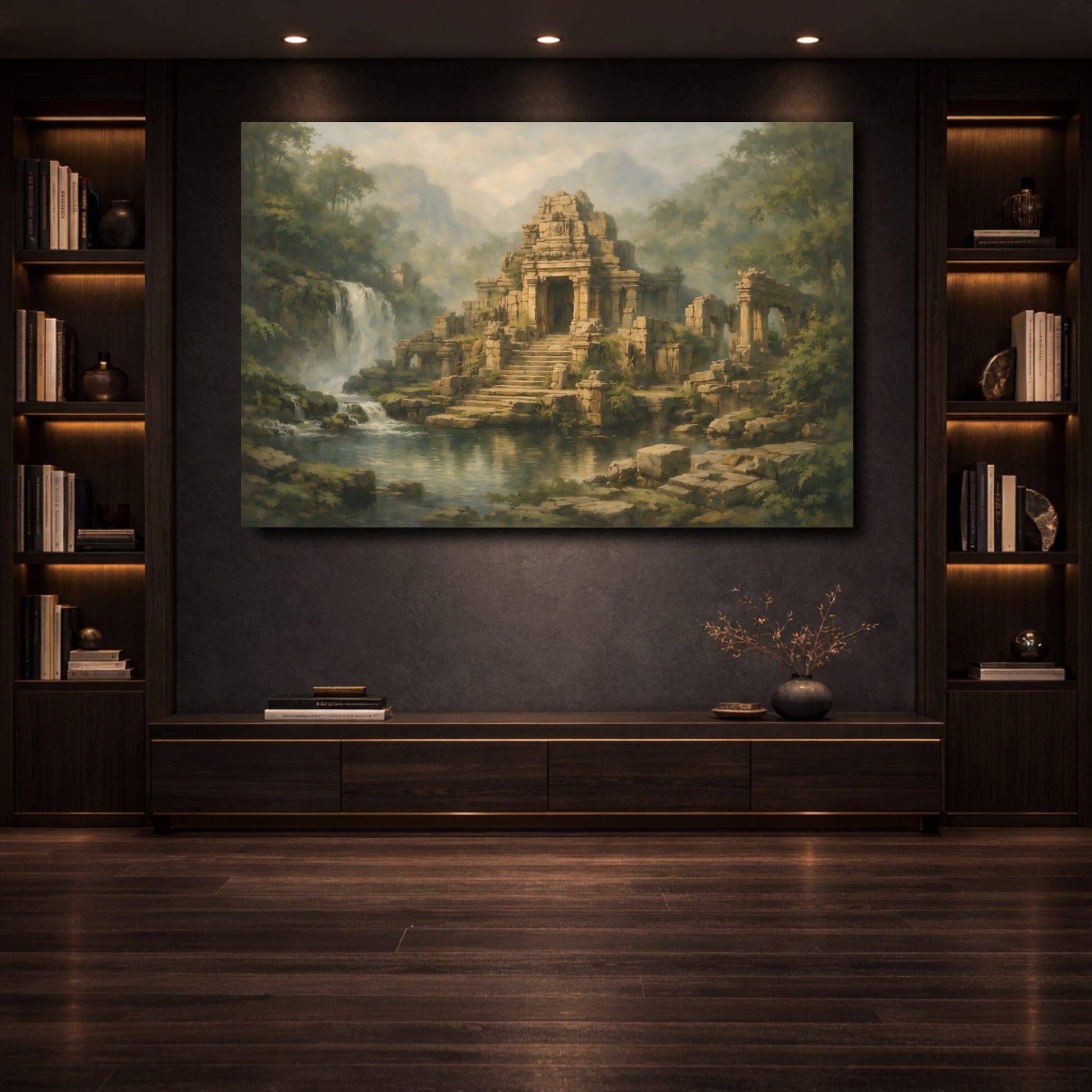 Mockup 3. Nature Temple Ruins Green Brown Ruins shown as stretched canvas wall art
