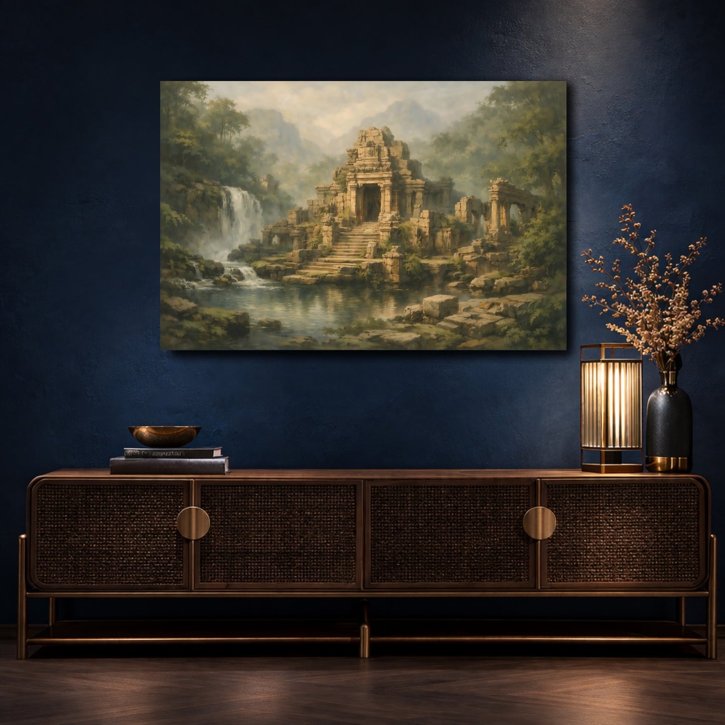 Mockup 4. Nature Temple Ruins Green Brown Ruins shown as stretched canvas wall art
