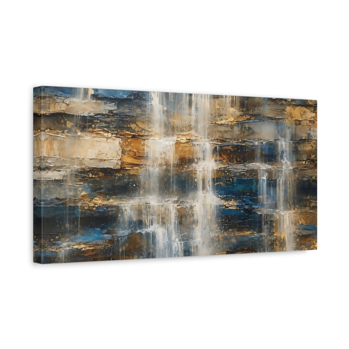 Side Mockup 3. Nature Textured Waterfall Blue Gold Waterfall shown as stretched canvas wall art