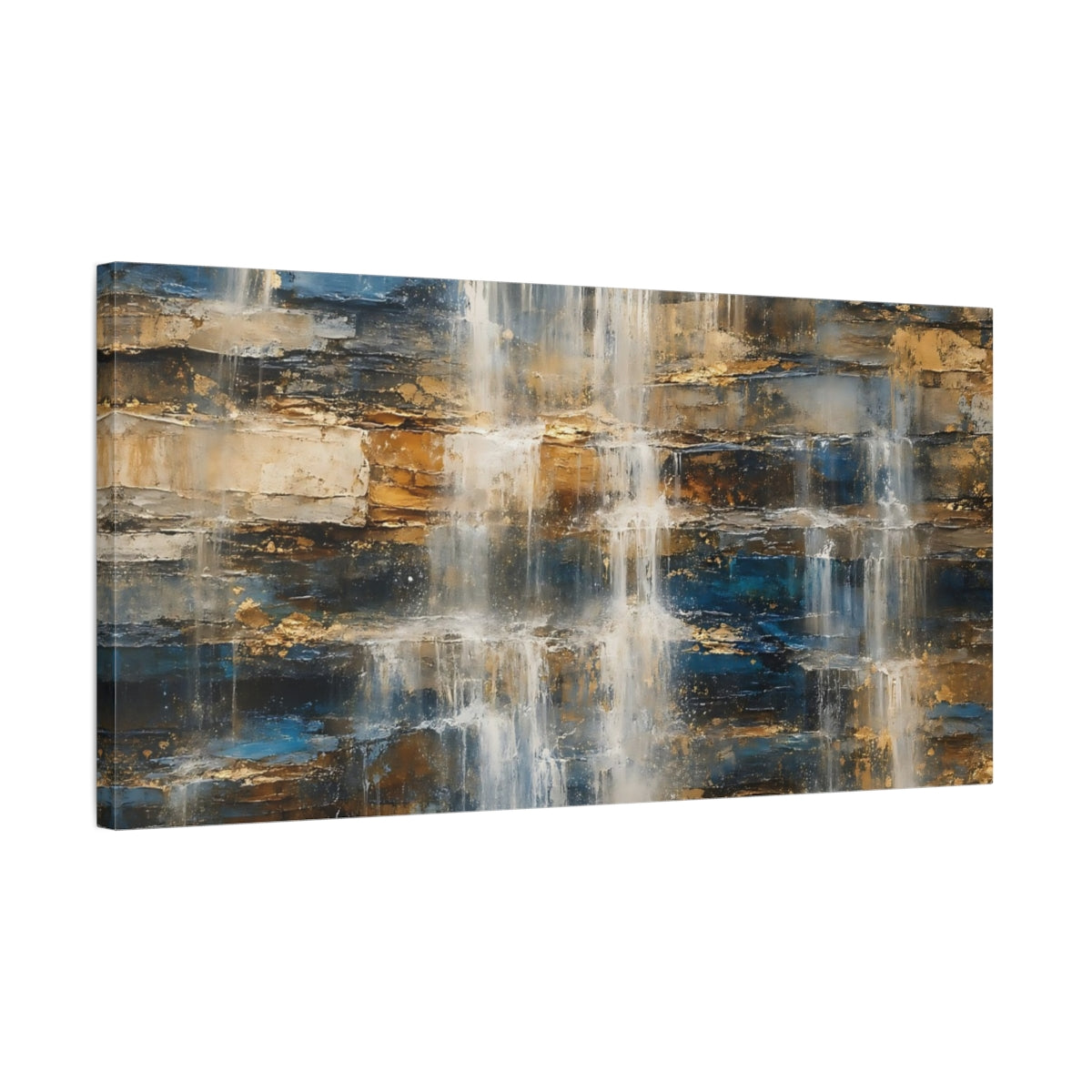 Side Mockup 1. Nature Textured Waterfall Blue Gold Waterfall shown as stretched canvas wall art