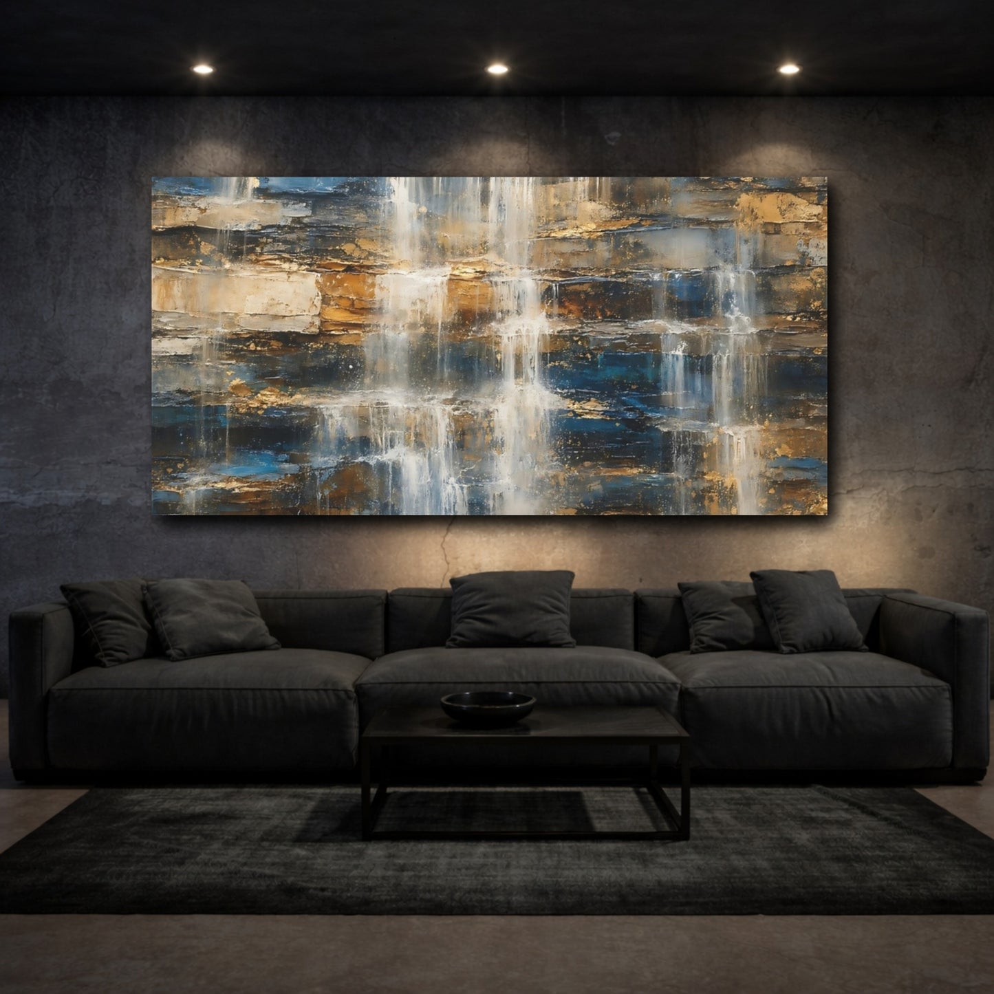 Mockup 2. Nature Textured Waterfall Blue Gold Waterfall shown as stretched canvas wall art