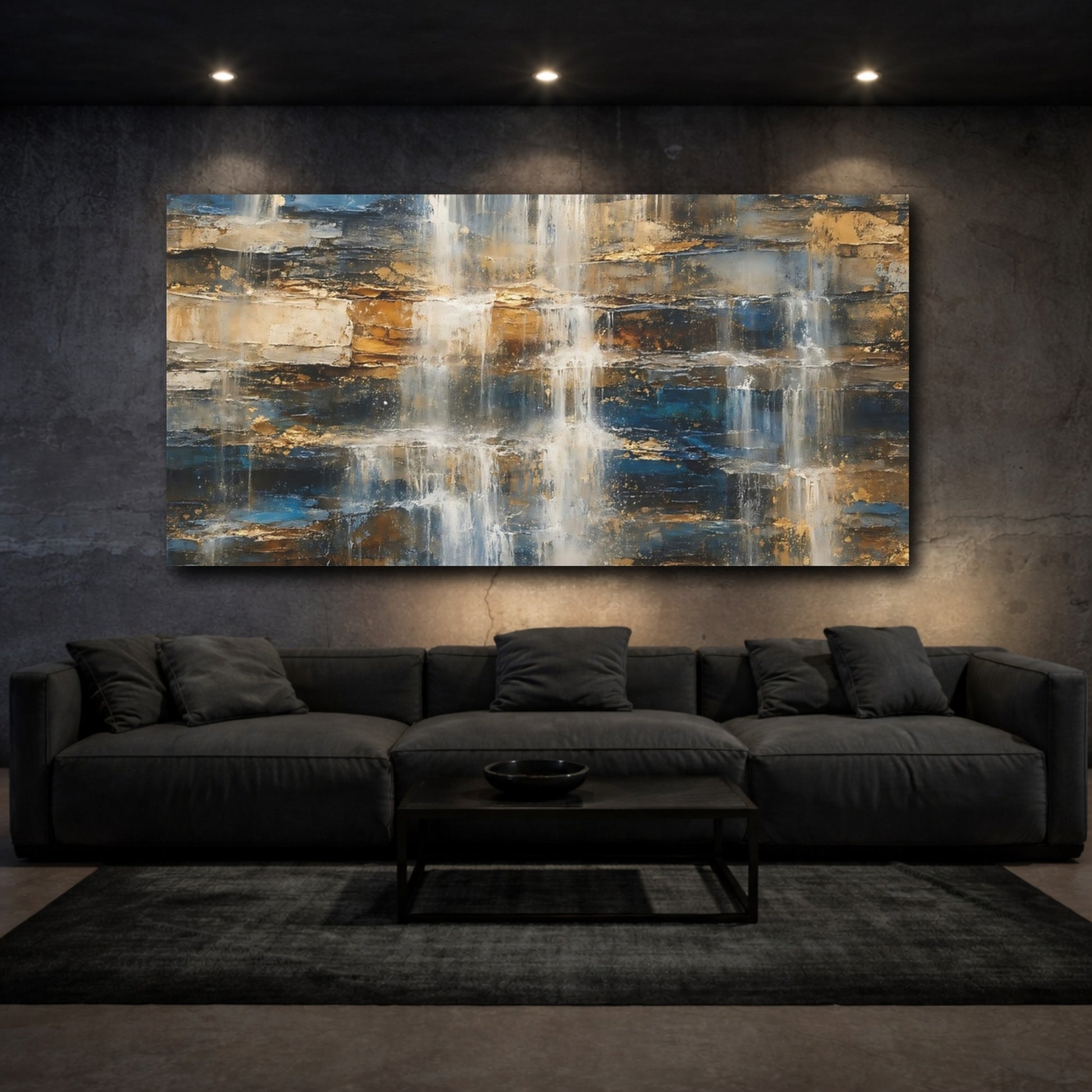 Mockup 2. Nature Textured Waterfall Blue Gold Waterfall shown as stretched canvas wall art