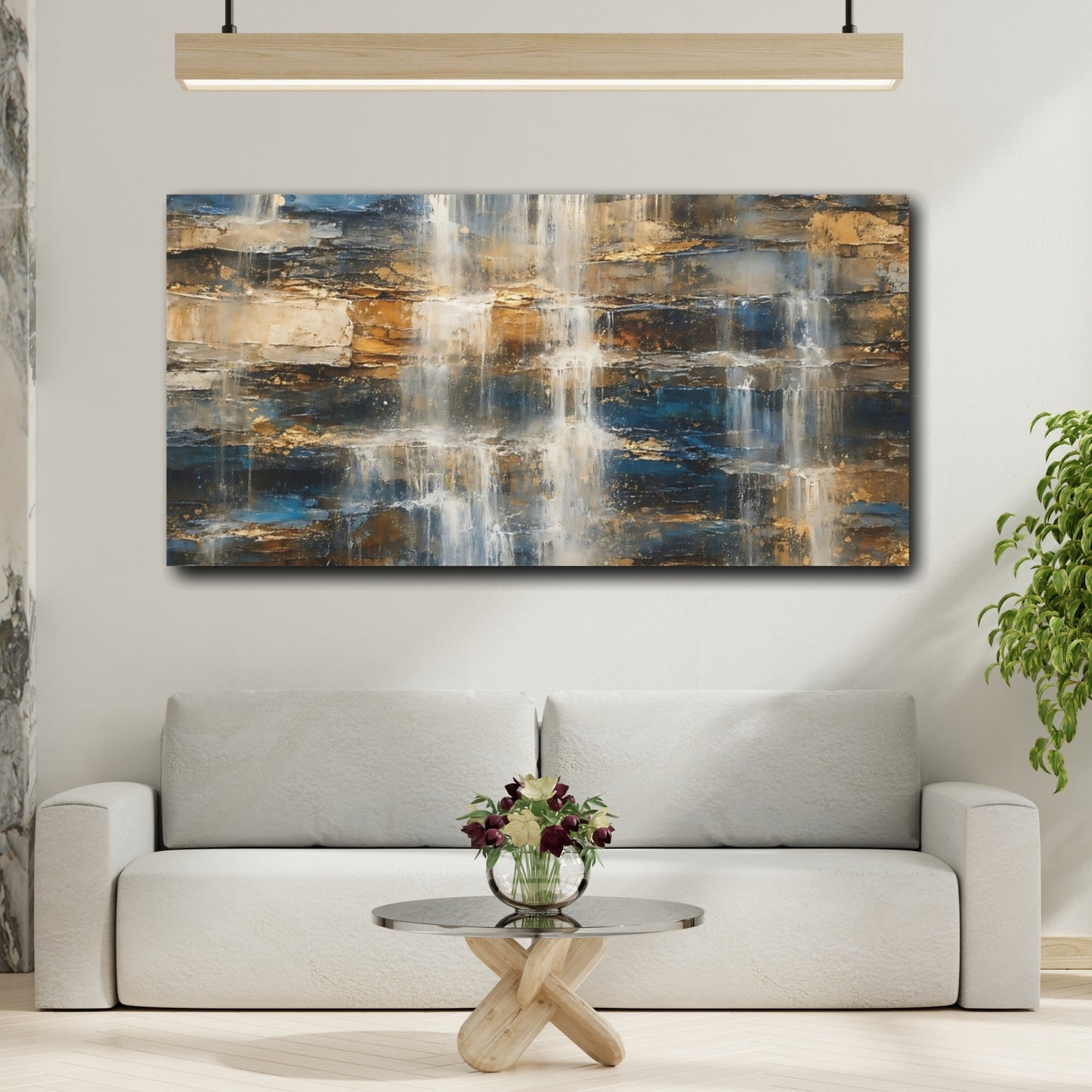 Mockup 3. Nature Textured Waterfall Blue Gold Waterfall shown as stretched canvas wall art