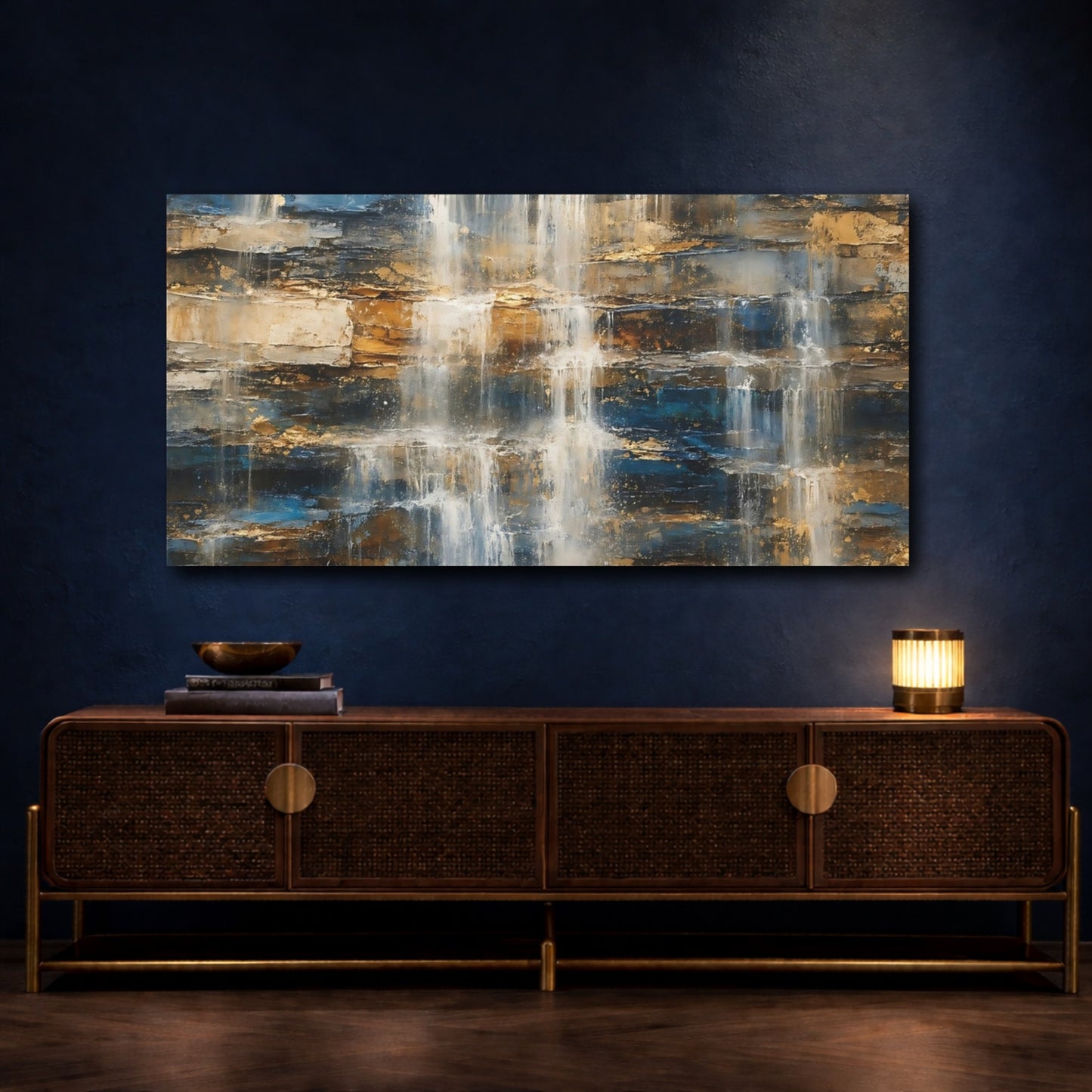 Mockup 4. Nature Textured Waterfall Blue Gold Waterfall shown as stretched canvas wall art