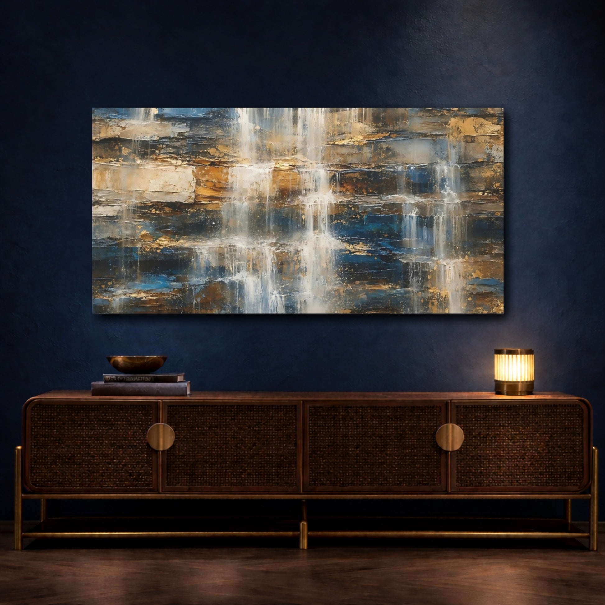Mockup 4. Nature Textured Waterfall Blue Gold Waterfall shown as stretched canvas wall art