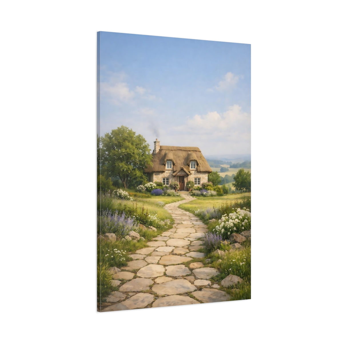 Main Mockup. Nature Thatched Cottage Cottage Landscape shown as stretched canvas wall art