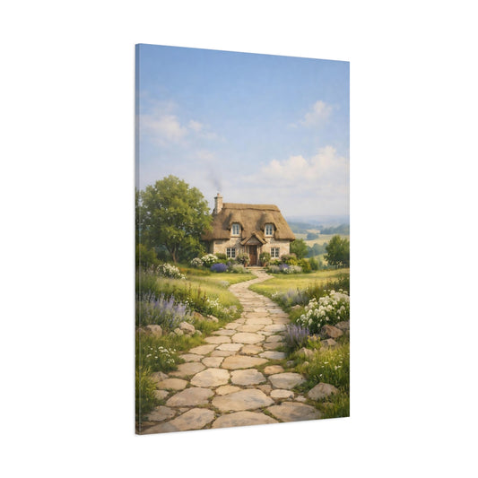 Main Mockup. Nature Thatched Cottage Cottage Landscape shown as stretched canvas wall art