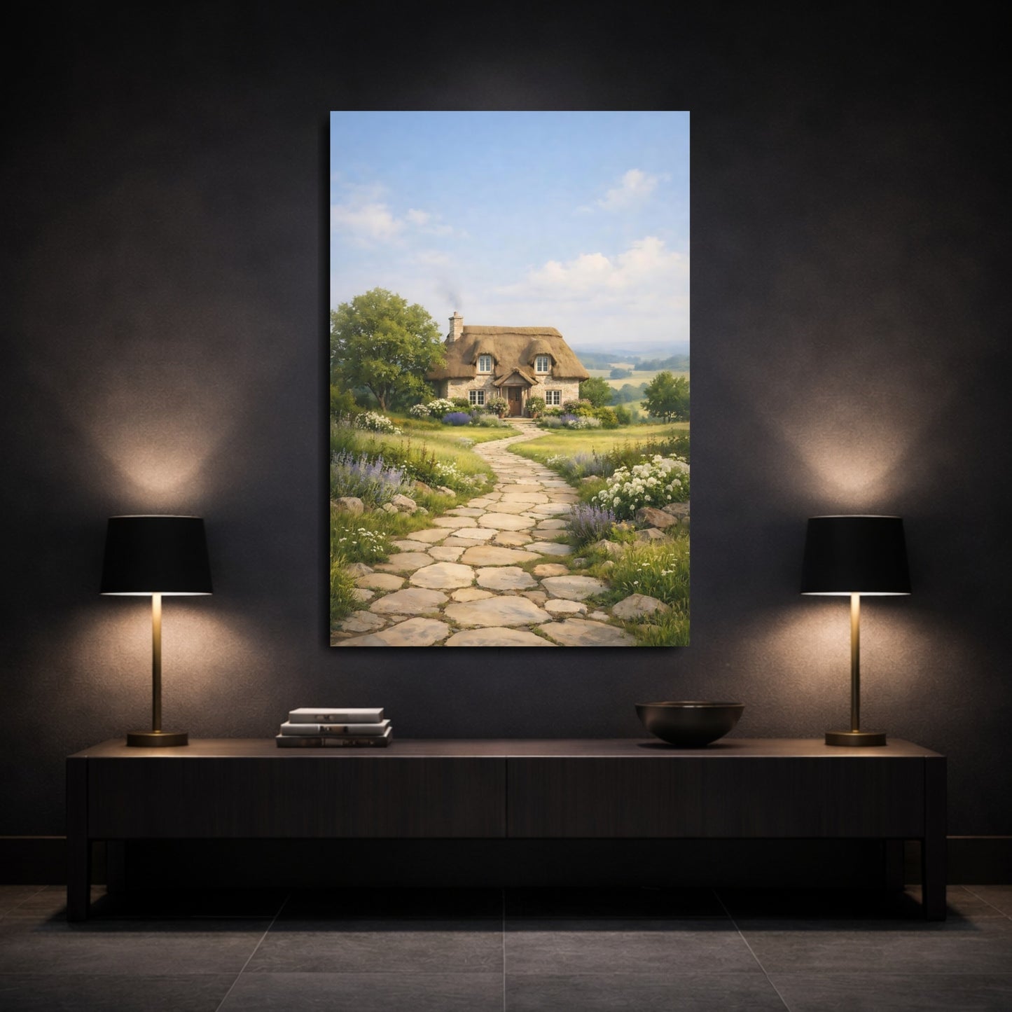 Mockup 2. Nature Thatched Cottage Cottage Landscape shown as stretched canvas wall art