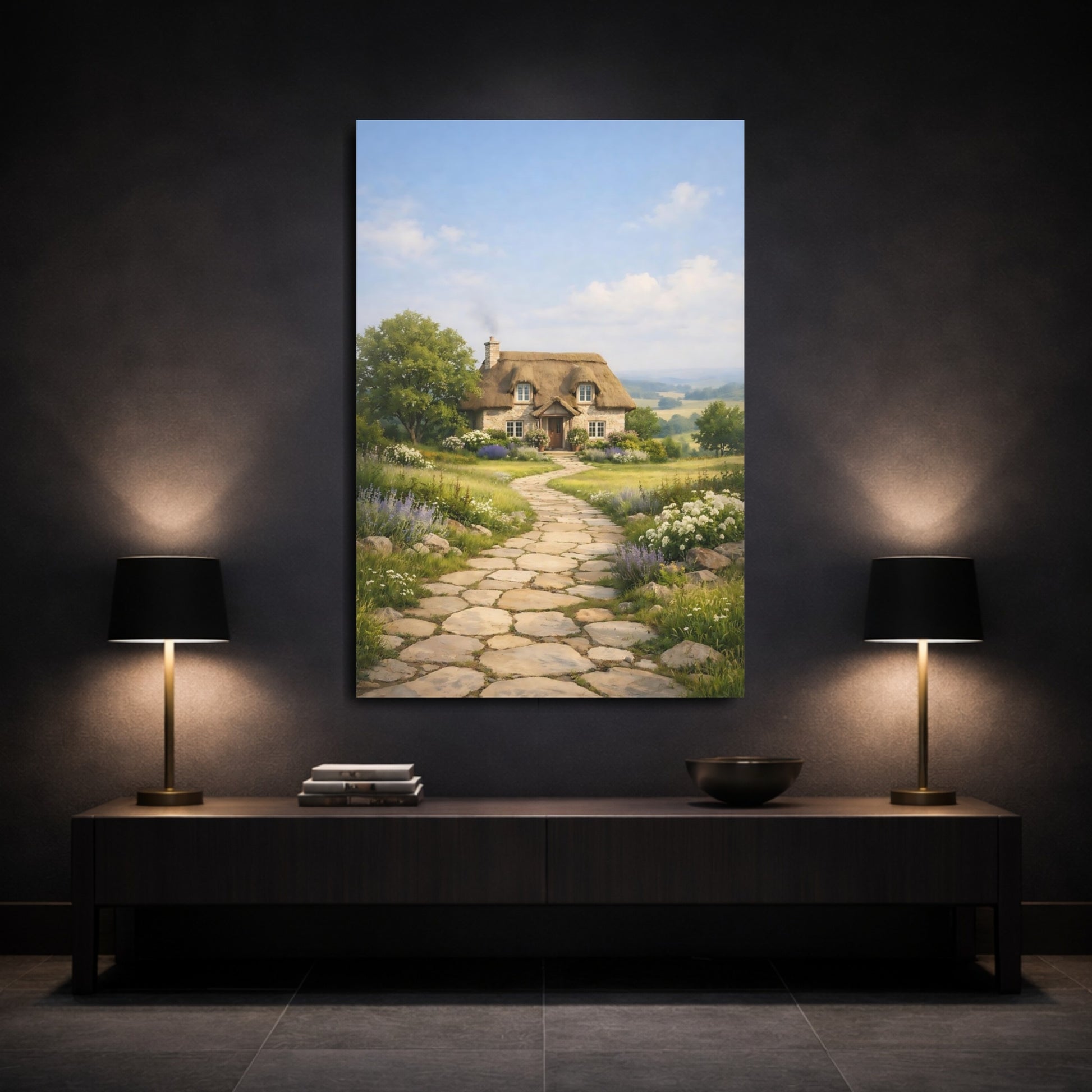 Mockup 2. Nature Thatched Cottage Cottage Landscape shown as stretched canvas wall art