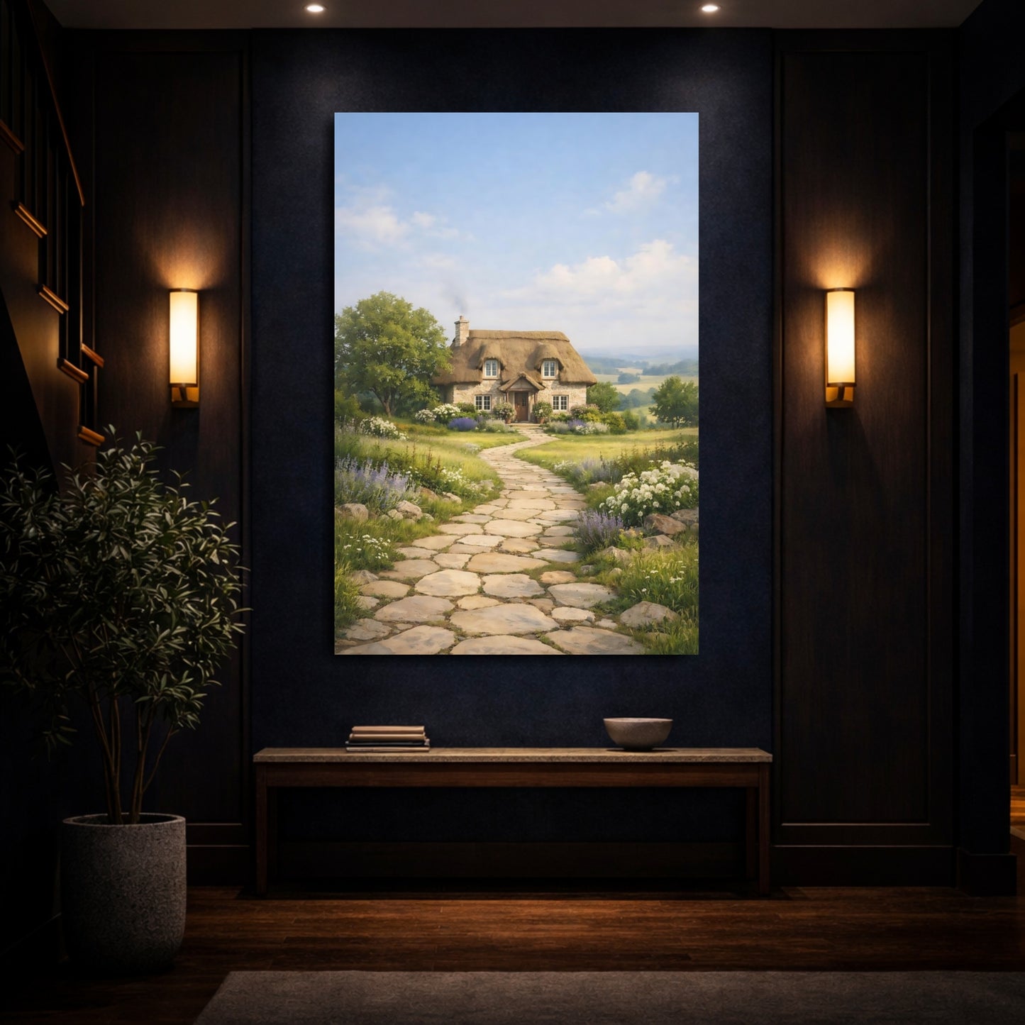 Mockup 3. Nature Thatched Cottage Cottage Landscape shown as stretched canvas wall art