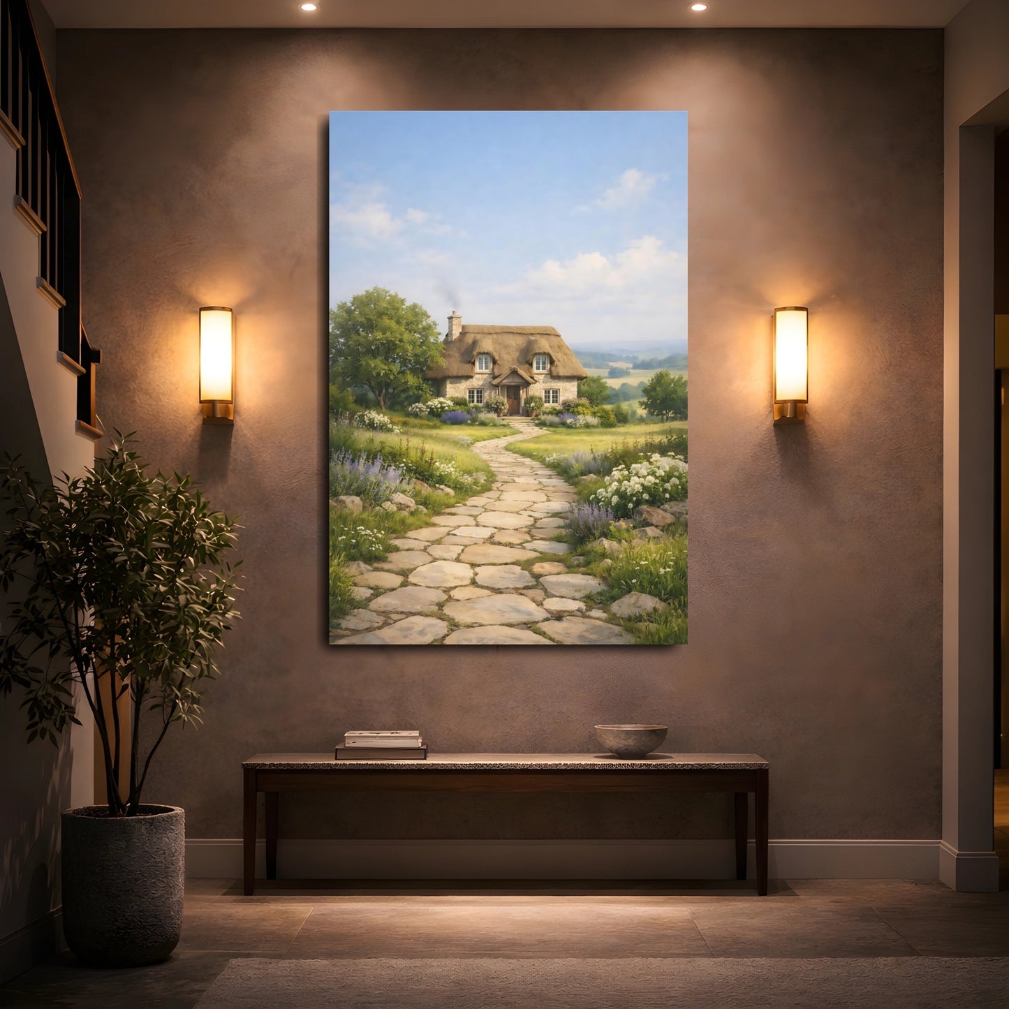 Mockup 4. Nature Thatched Cottage Cottage Landscape shown as stretched canvas wall art