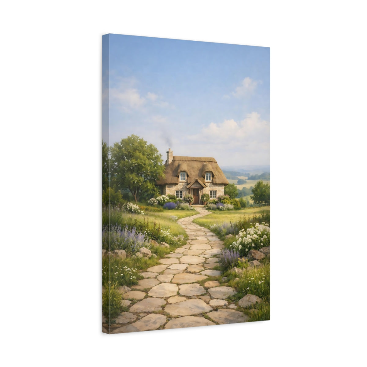 Side Mockup 3. Nature Thatched Cottage Cottage Landscape shown as stretched canvas wall art