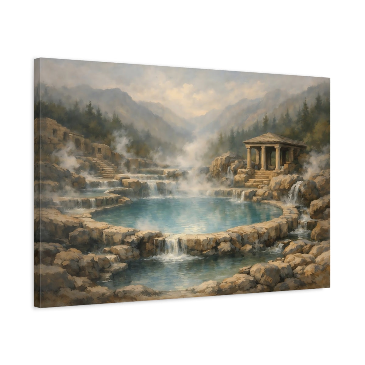 Side Mockup 2. Nature Thermal Springs Blue And Brown Hot Springs shown as stretched canvas wall art