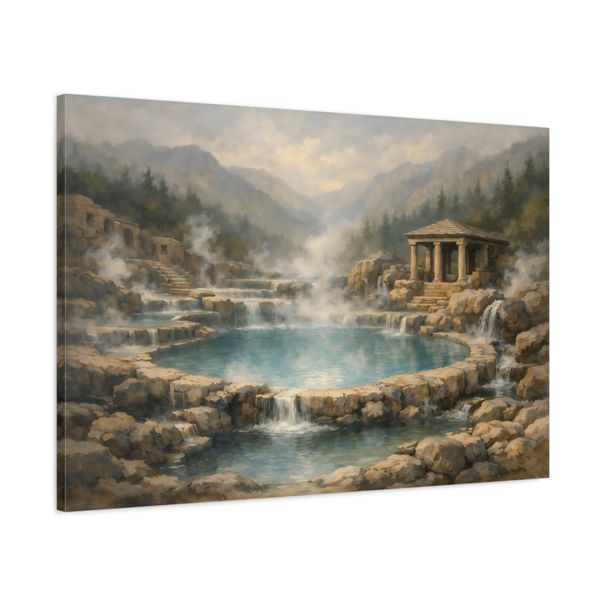 Side Mockup 1. Nature Thermal Springs Blue And Brown Hot Springs shown as stretched canvas wall art