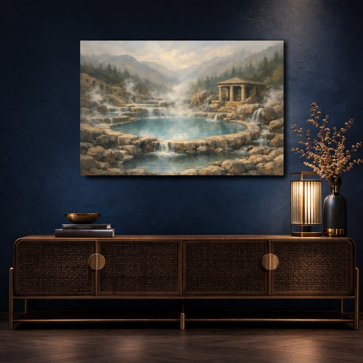 Mockup 4. Nature Thermal Springs Blue And Brown Hot Springs shown as stretched canvas wall art
