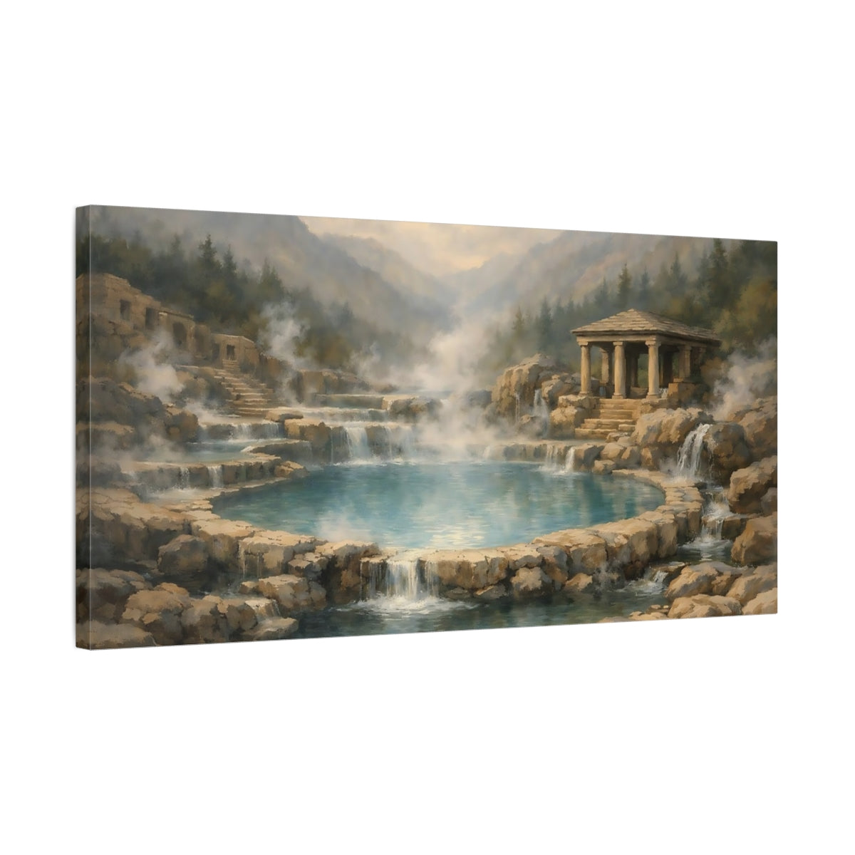 Side Mockup 2. Nature Thermal Springs Misty Mountain Springs shown as stretched canvas wall art