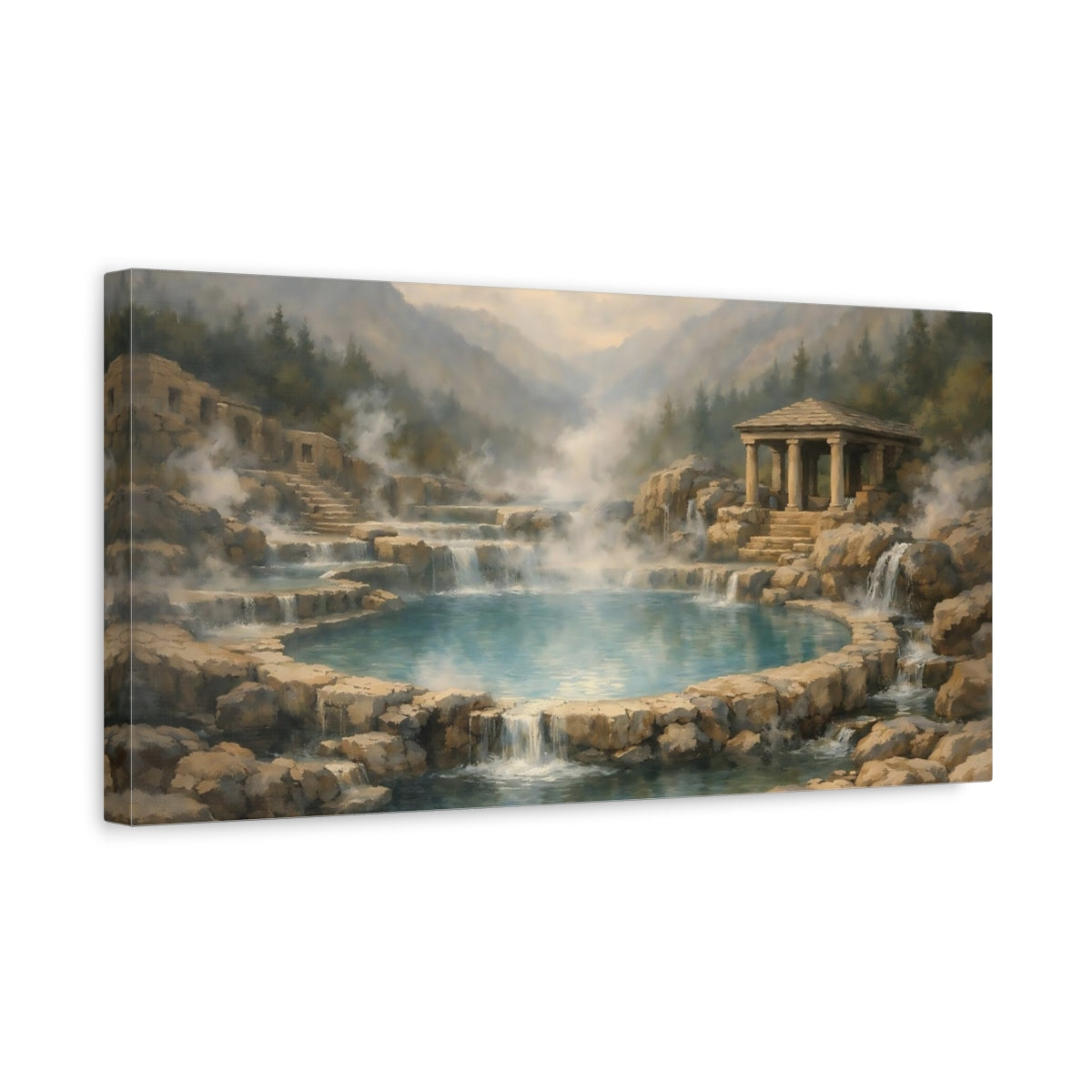 Side Mockup 3. Nature Thermal Springs Misty Mountain Springs shown as stretched canvas wall art