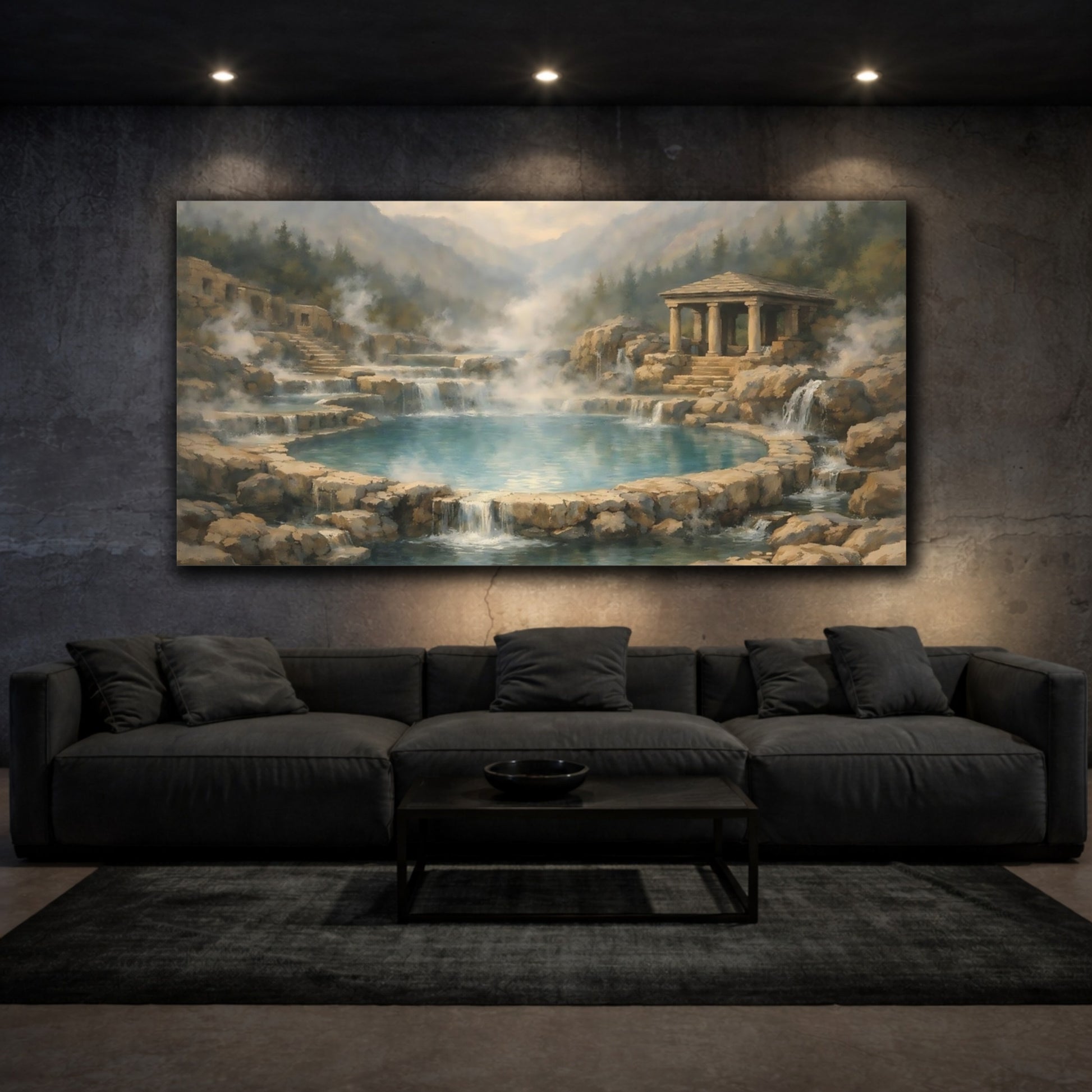 Mockup 2. Nature Thermal Springs Misty Mountain Springs shown as stretched canvas wall art