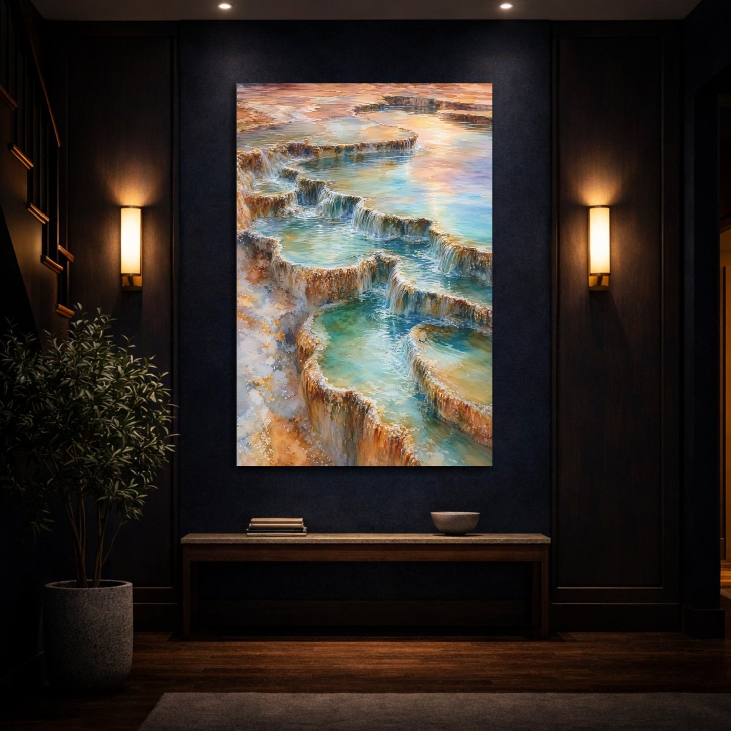 Nature Thermal Terraces Teal And Brown Canvas Wall Art Print – watercolor Living Room, Above Couch - YesArtYes