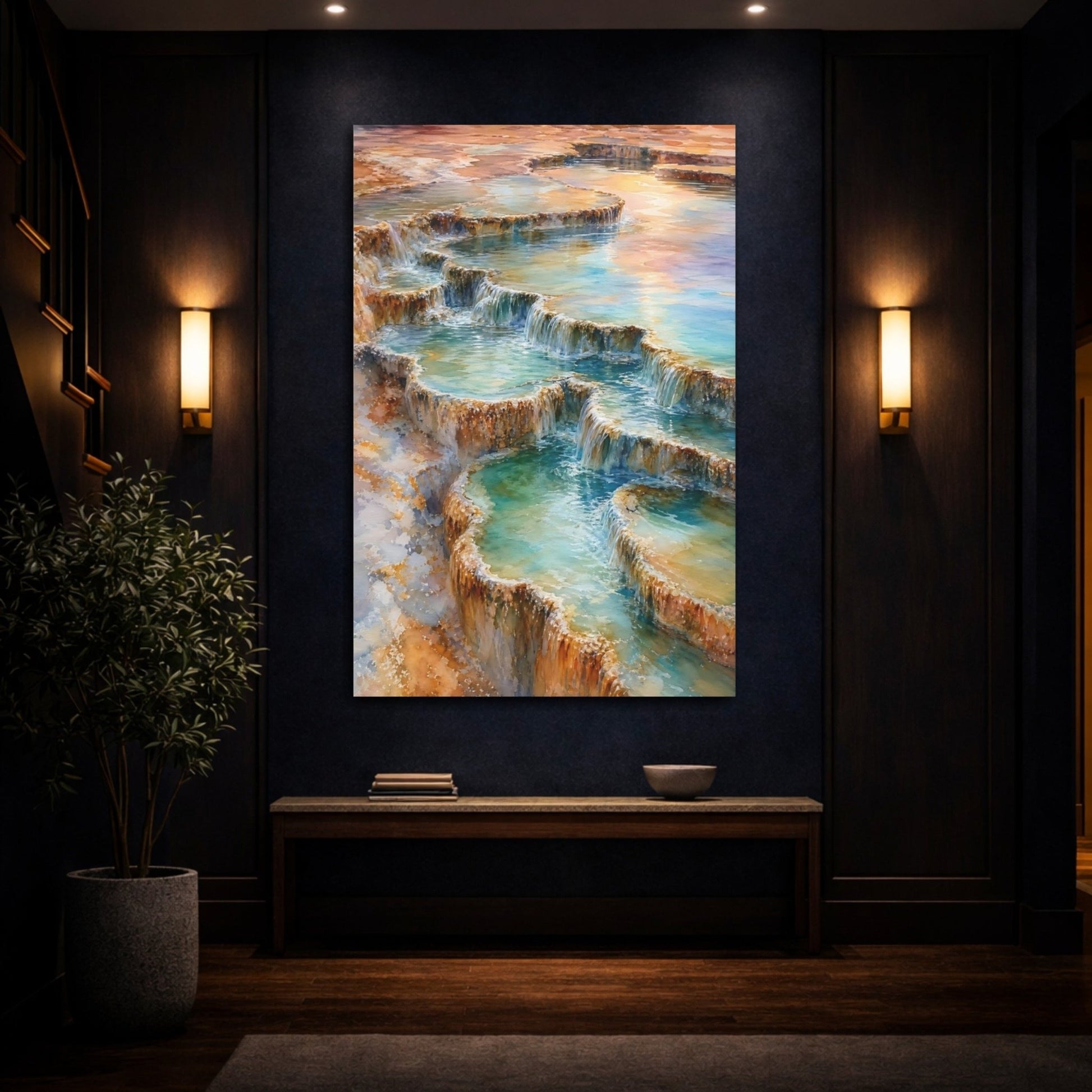 Nature Thermal Terraces Teal And Brown Canvas Wall Art Print – watercolor Living Room, Above Couch - YesArtYes