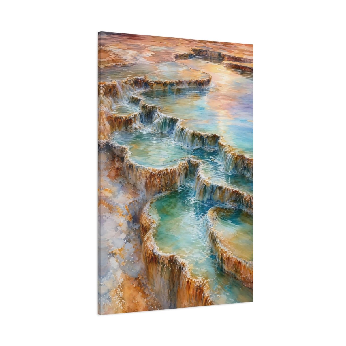 Nature Thermal Terraces Teal And Brown Canvas Wall Art Print – watercolor Living Room, Above Couch - YesArtYes