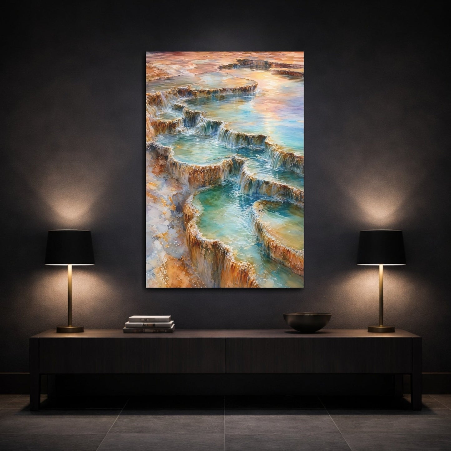 Nature Thermal Terraces Teal And Brown Canvas Wall Art Print – watercolor Living Room, Above Couch - YesArtYes