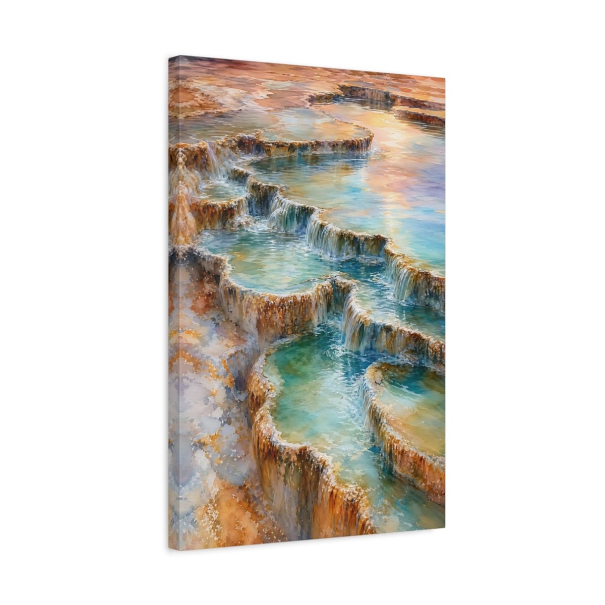 Nature Thermal Terraces Teal And Brown Canvas Wall Art Print – watercolor Living Room, Above Couch - YesArtYes