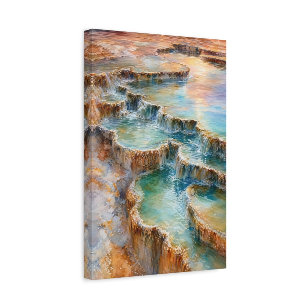 Nature Thermal Terraces Teal And Brown Canvas Wall Art Print – watercolor Living Room, Above Couch - YesArtYes