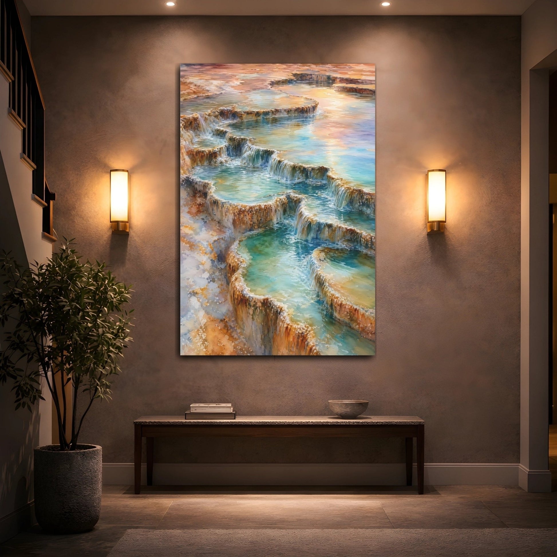 Nature Thermal Terraces Teal And Brown Canvas Wall Art Print – watercolor Living Room, Above Couch - YesArtYes