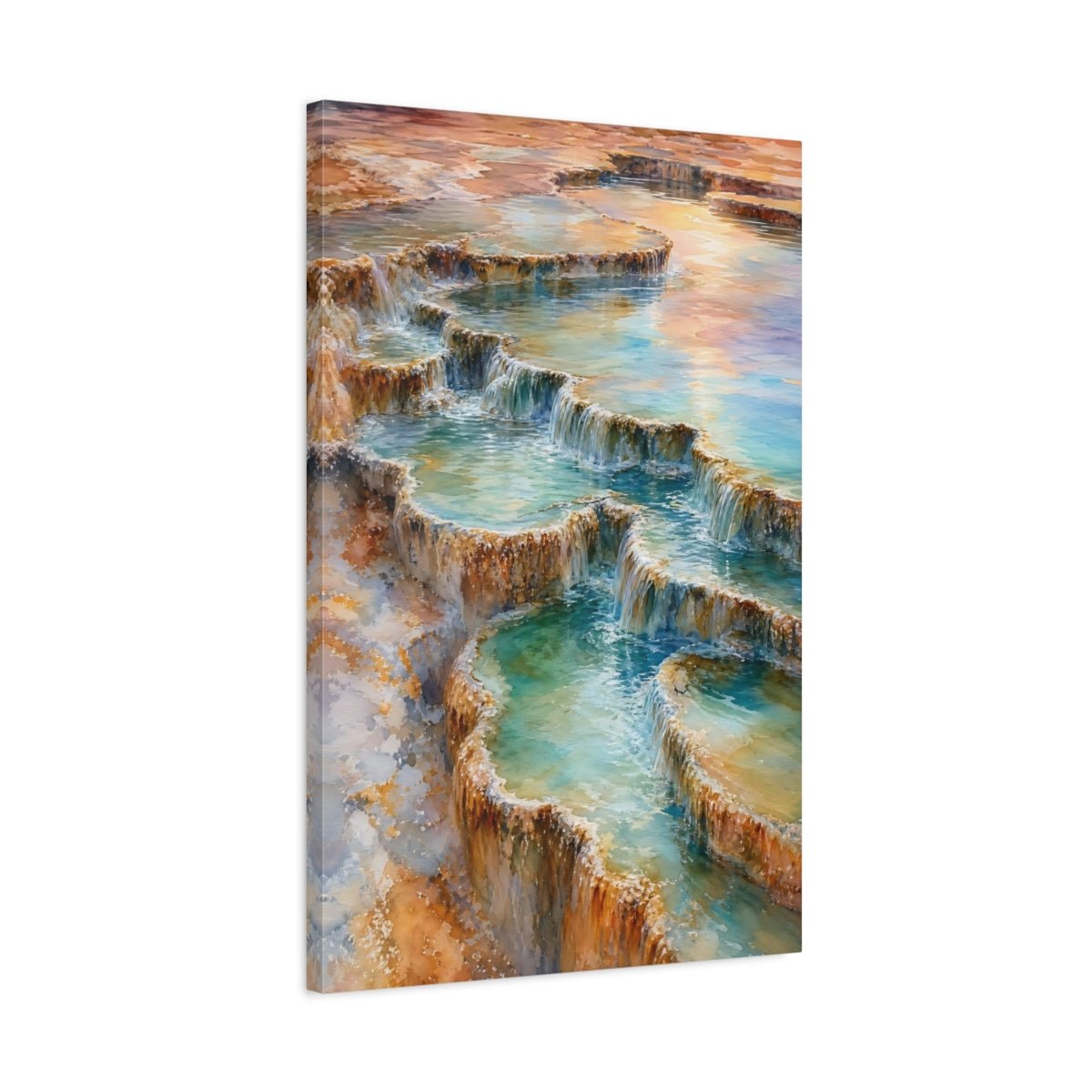 Nature Thermal Terraces Teal And Brown Canvas Wall Art Print – watercolor Living Room, Above Couch - YesArtYes