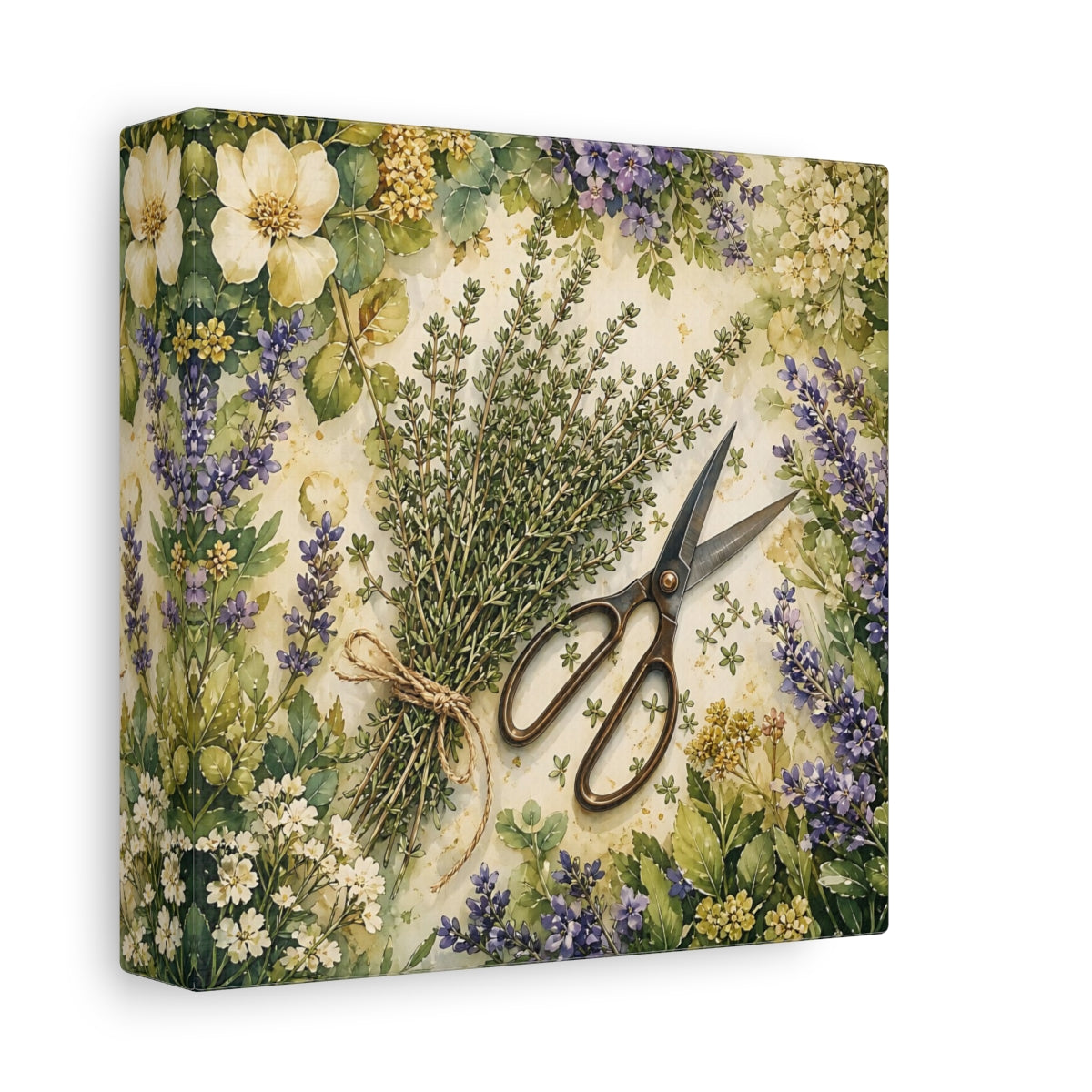 Side Mockup 2. Nature Thyme Bundle Botanical Herbs shown as stretched canvas wall art