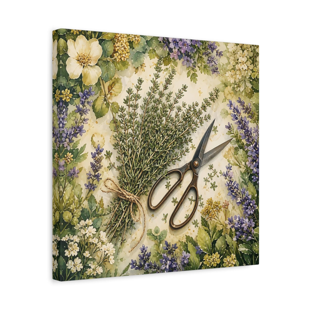 Side Mockup 6. Nature Thyme Bundle Botanical Herbs shown as stretched canvas wall art