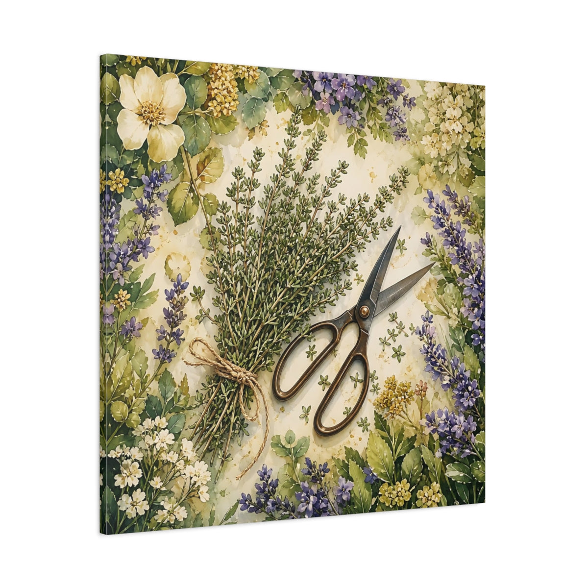 Side Mockup 1. Nature Thyme Bundle Botanical Herbs shown as stretched canvas wall art