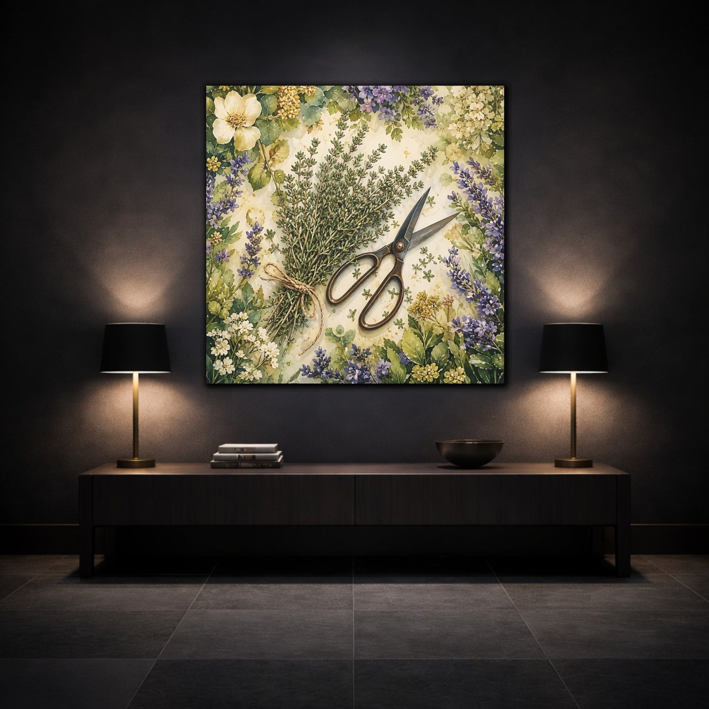 Mockup 3. Nature Thyme Bundle Botanical Herbs shown as stretched canvas wall art