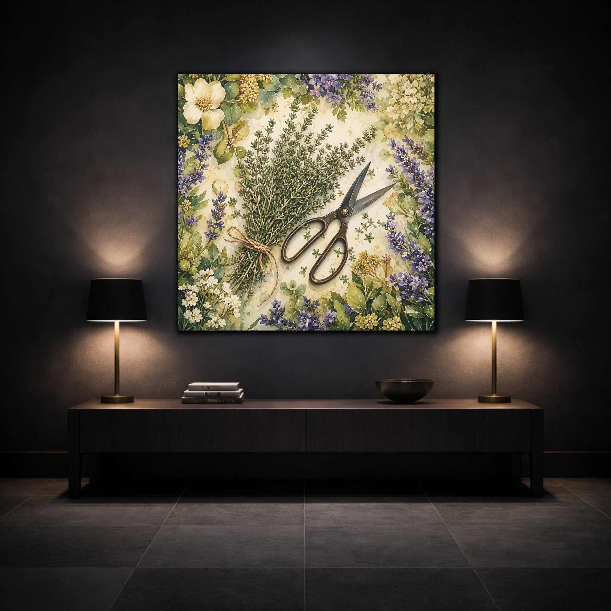 Mockup 3. Nature Thyme Bundle Botanical Herbs shown as stretched canvas wall art