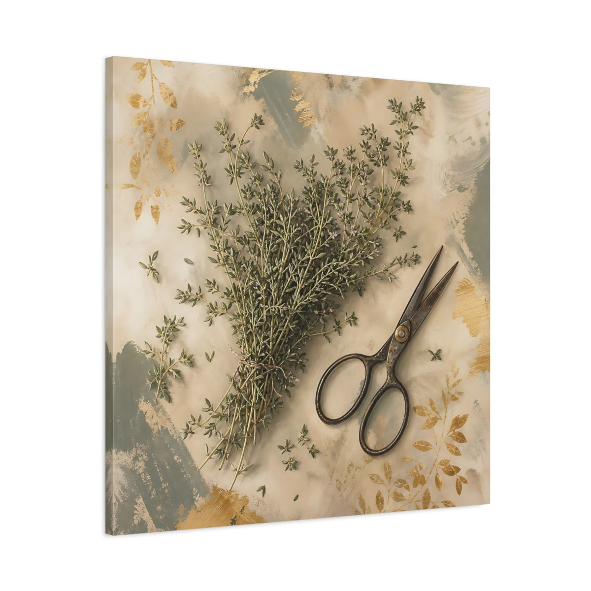 Main Mockup. Nature Thyme Herb Green And Gold shown as stretched canvas wall art