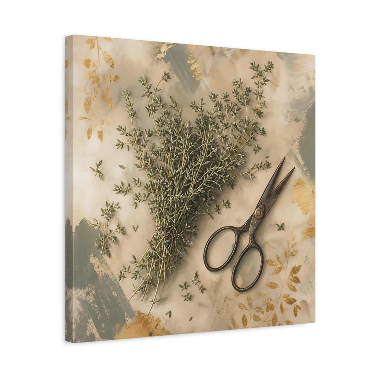 Side Mockup 5. Nature Thyme Herb Green And Gold shown as stretched canvas wall art