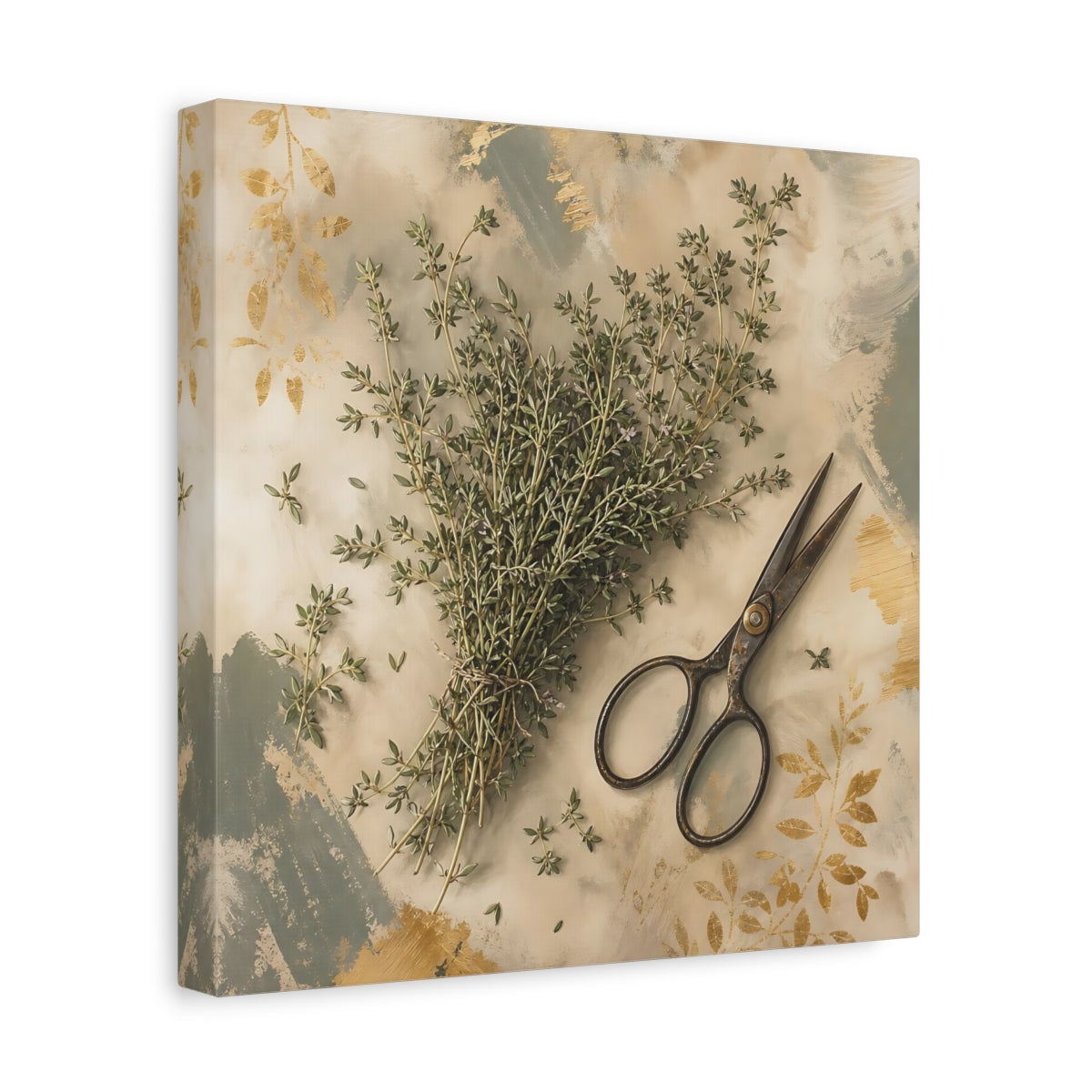 Side Mockup 8. Nature Thyme Herb Green And Gold shown as stretched canvas wall art