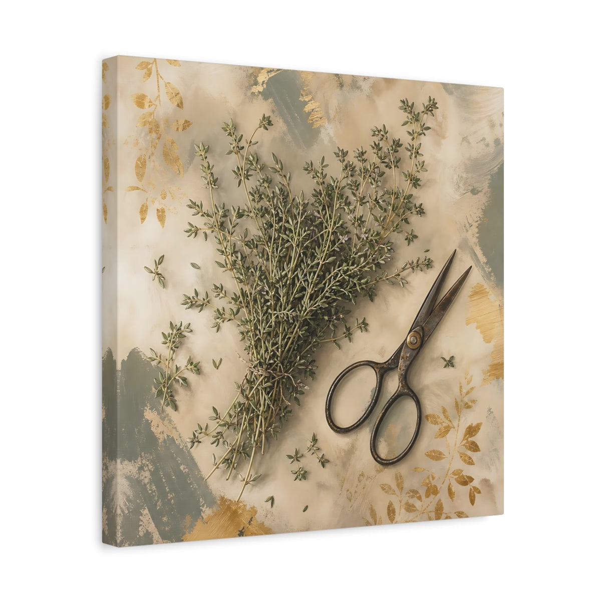Side Mockup 6. Nature Thyme Herb Green And Gold shown as stretched canvas wall art
