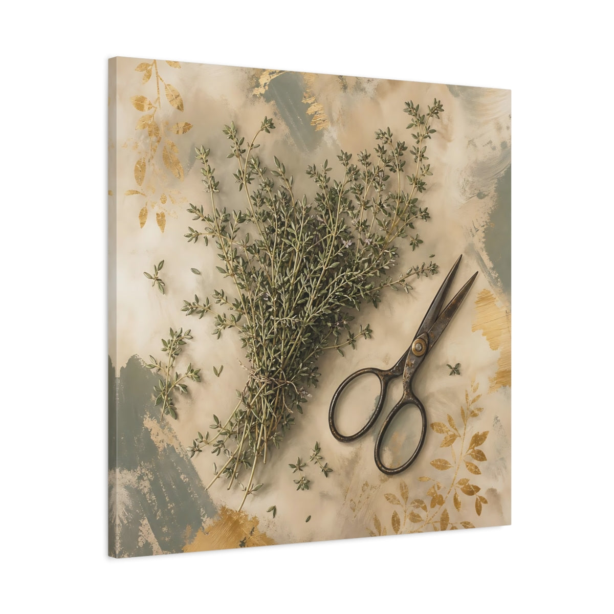 Side Mockup 3. Nature Thyme Herb Green And Gold shown as stretched canvas wall art