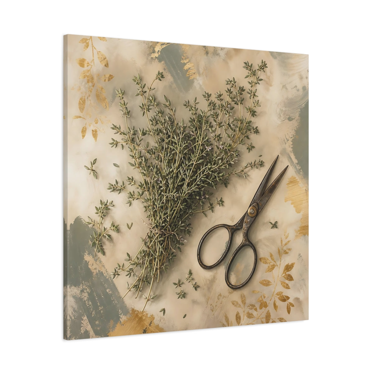 Side Mockup 1. Nature Thyme Herb Green And Gold shown as stretched canvas wall art