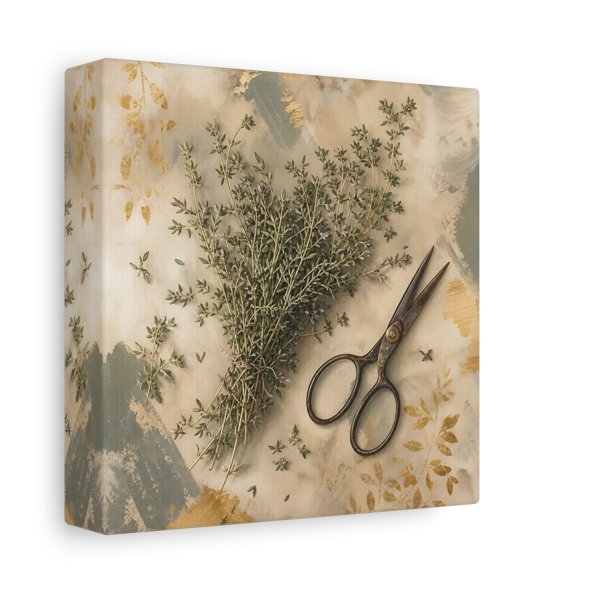 Side Mockup 2. Nature Thyme Herb Green And Gold shown as stretched canvas wall art