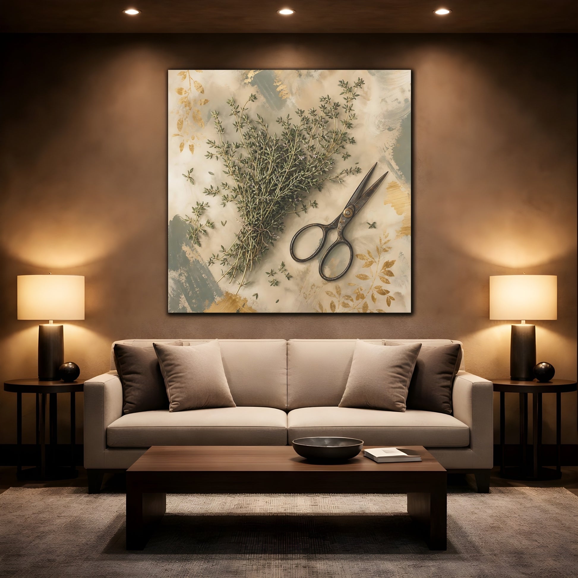 Mockup 2. Nature Thyme Herb Green And Gold shown as stretched canvas wall art