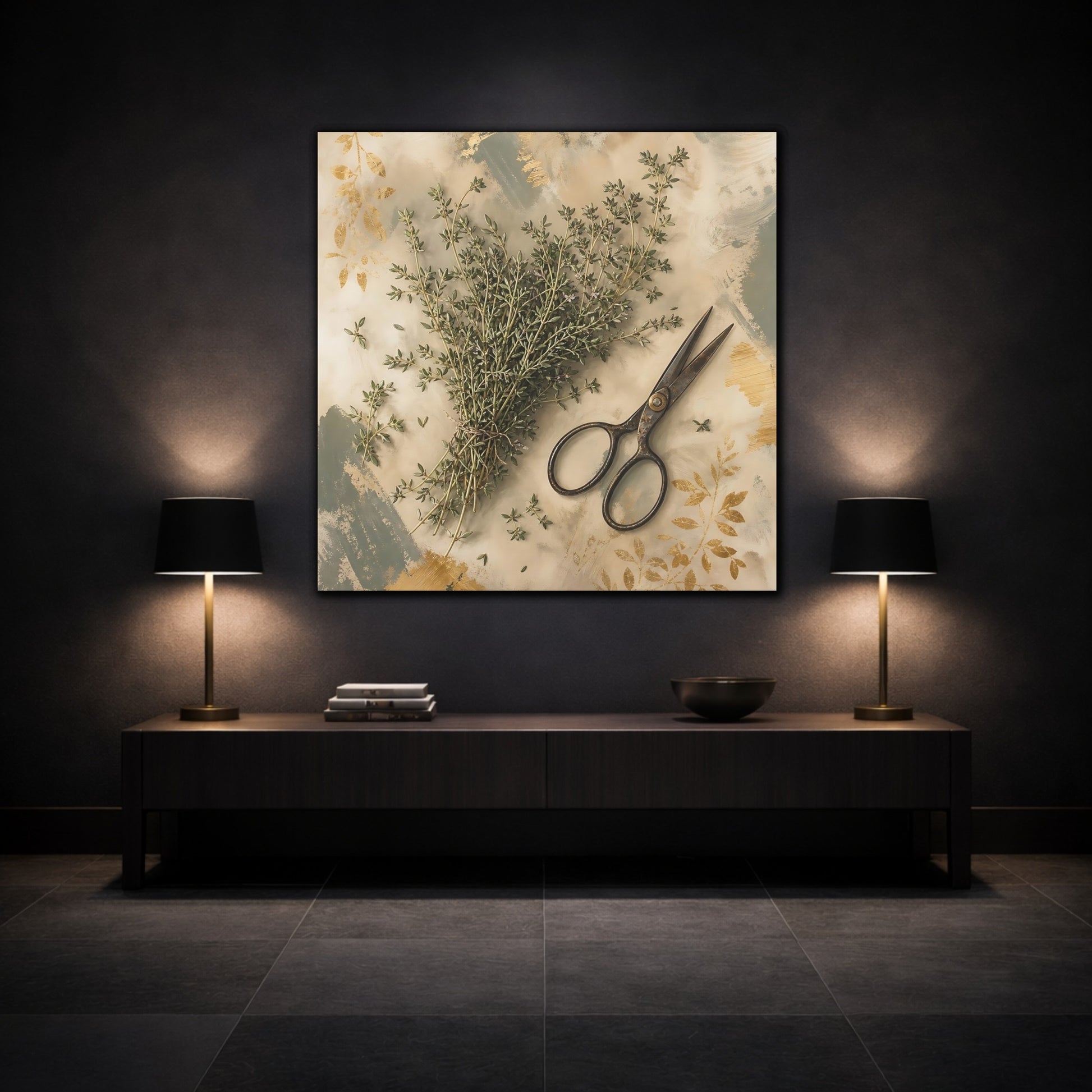 Mockup 3. Nature Thyme Herb Green And Gold shown as stretched canvas wall art