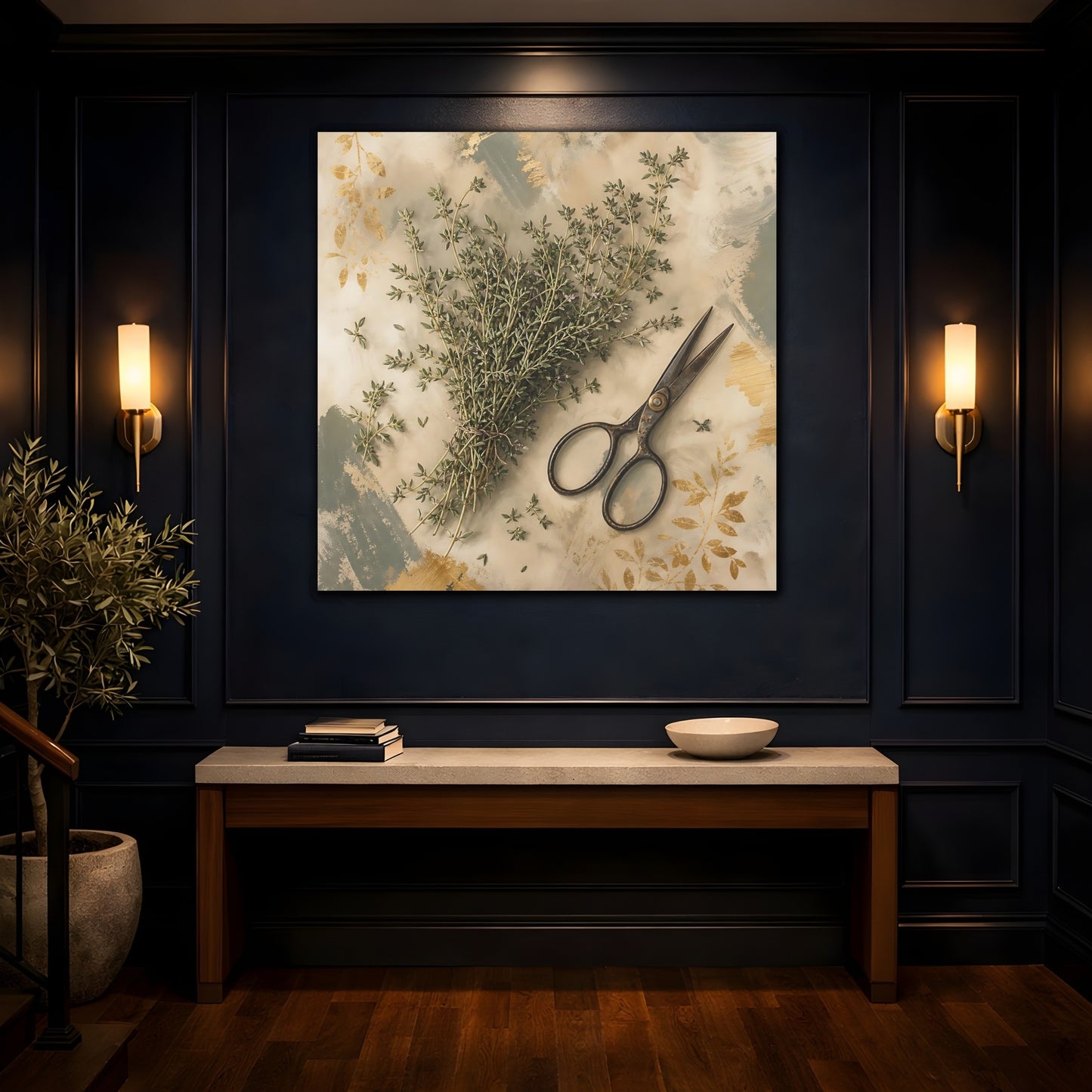 Mockup 4. Nature Thyme Herb Green And Gold shown as stretched canvas wall art