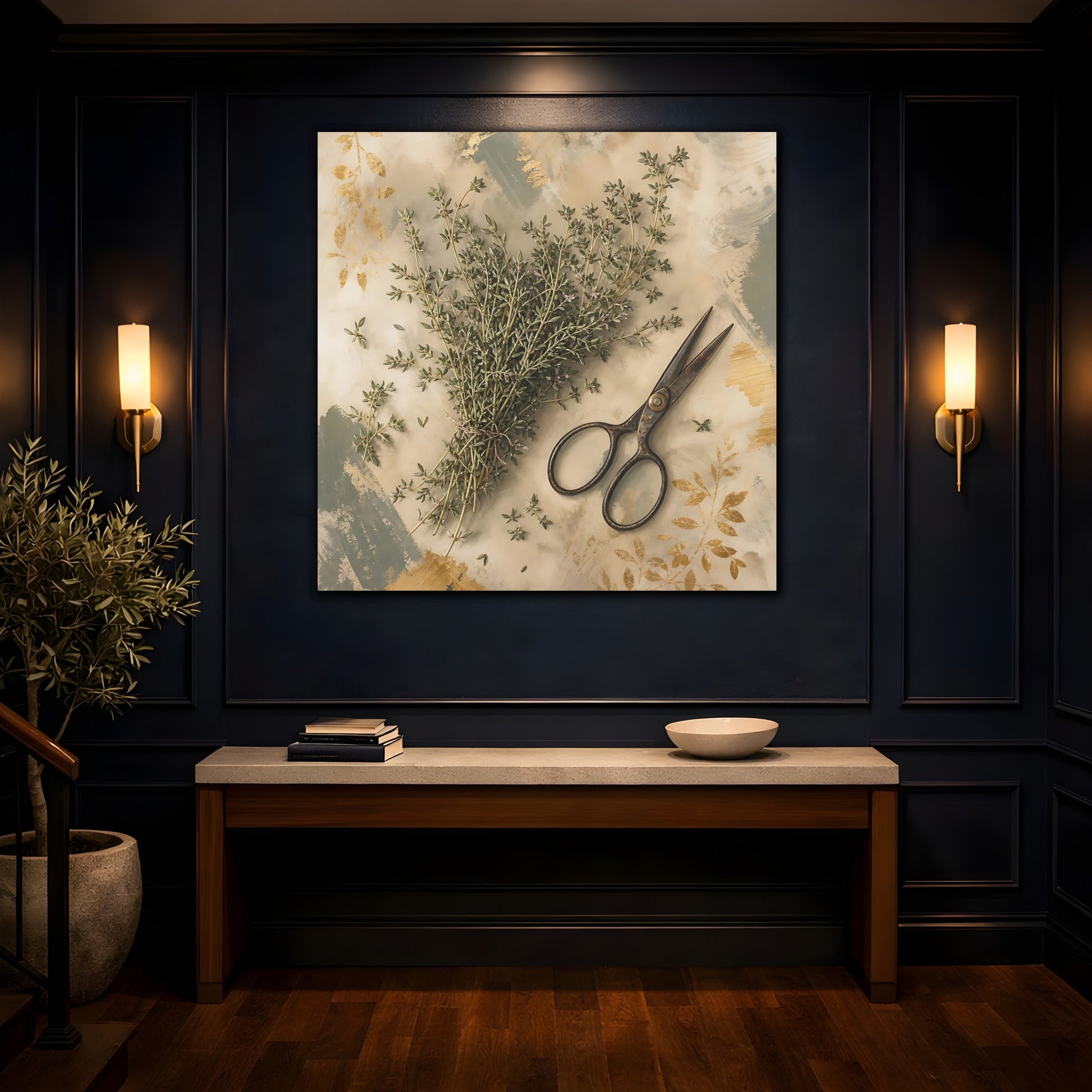 Mockup 4. Nature Thyme Herb Green And Gold shown as stretched canvas wall art