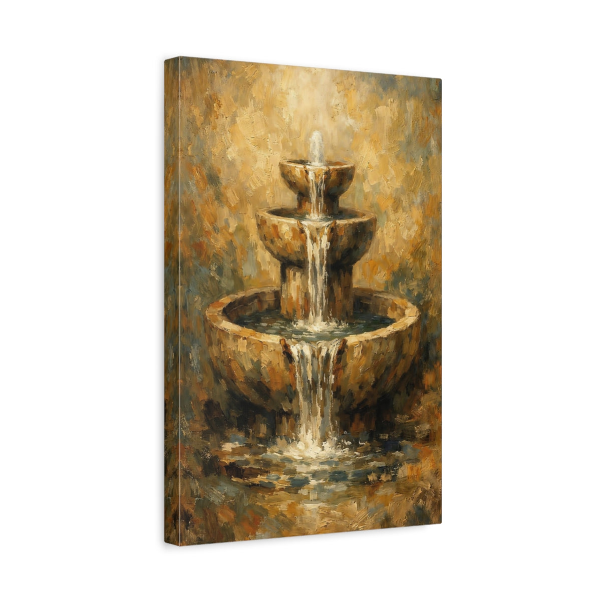 Side Mockup 4. Nature Tiered Fountain Brown Gold Fountain shown as stretched canvas wall art