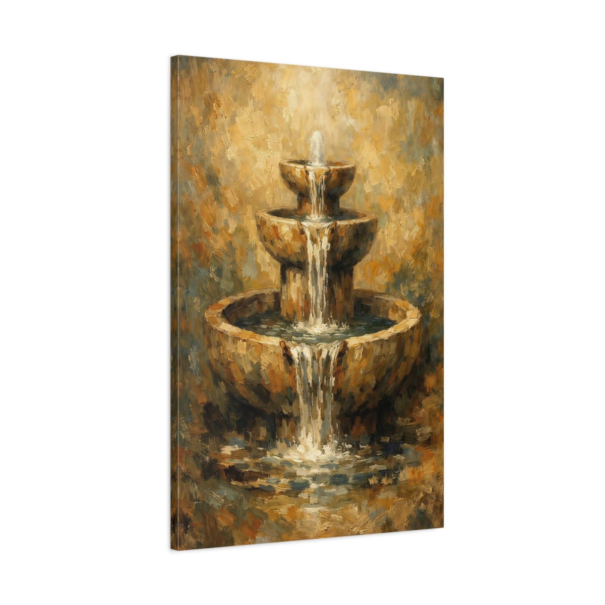 Side Mockup 1. Nature Tiered Fountain Brown Gold Fountain shown as stretched canvas wall art